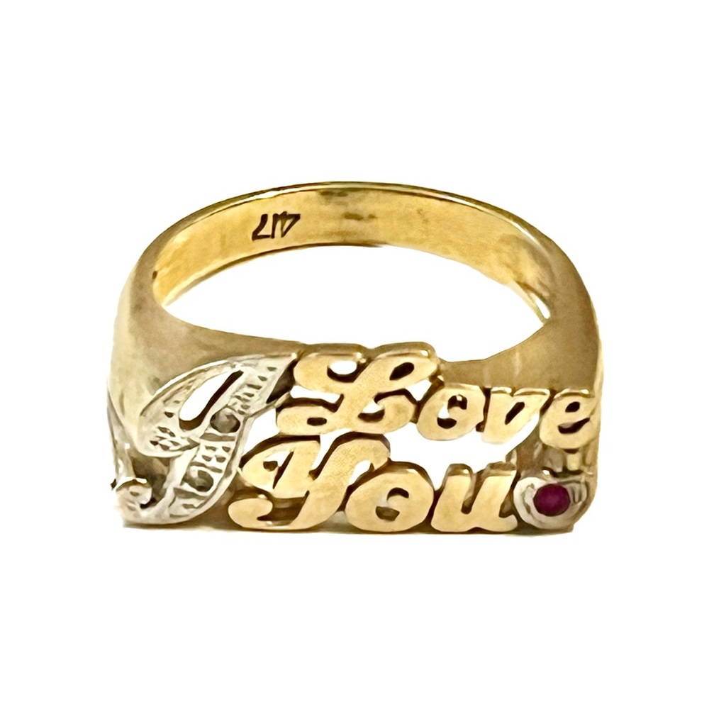 10K White & Yellow Gold, Diamond & Pink Tourmaline I Love You Ring Size 6.75